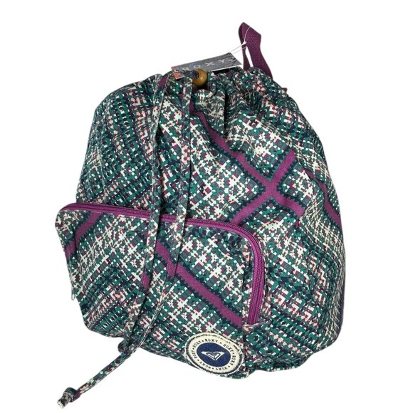 ROXY Backpack Multicolor Diamond Geometric Print Cinch Dual Strap Cotton Blend - Picture 2 of 14